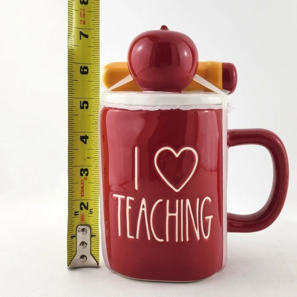 ⭐️2/ $60⭐️ Rae Dunn Artisan Coffee Mug & Topper Red Large Letters I ❤️ TEACHING - Picture 10 of 11